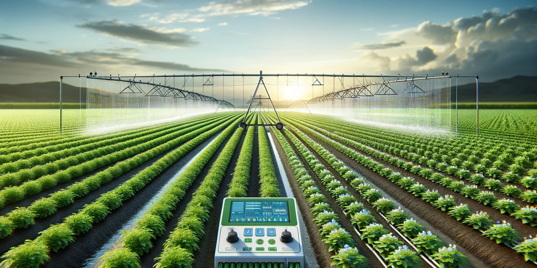 DALL·E 2024-02-16 12.40.20 – A photo-realistic image of a modern agricultural field under a clear sky, showcasing advanced irrigation methods. The scene includes drip irrigation l