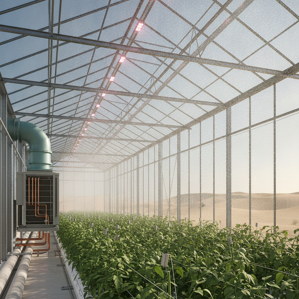 Birleşik Arap Emirlikleri için tasarlanmış modern bir serada UAE greenhouse cooling design requirements uygulaması
