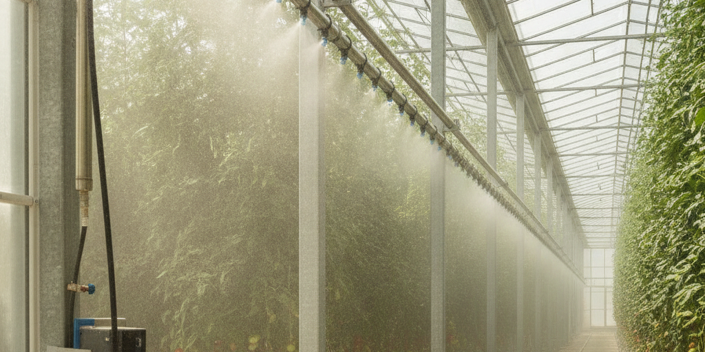 Desert Greenhouse Cooling in the UAE: Abu Dhabi vs. Al Ain A high-pressure fogging system in operation, demonstrating advanced desert greenhouse cooling in the UAE.