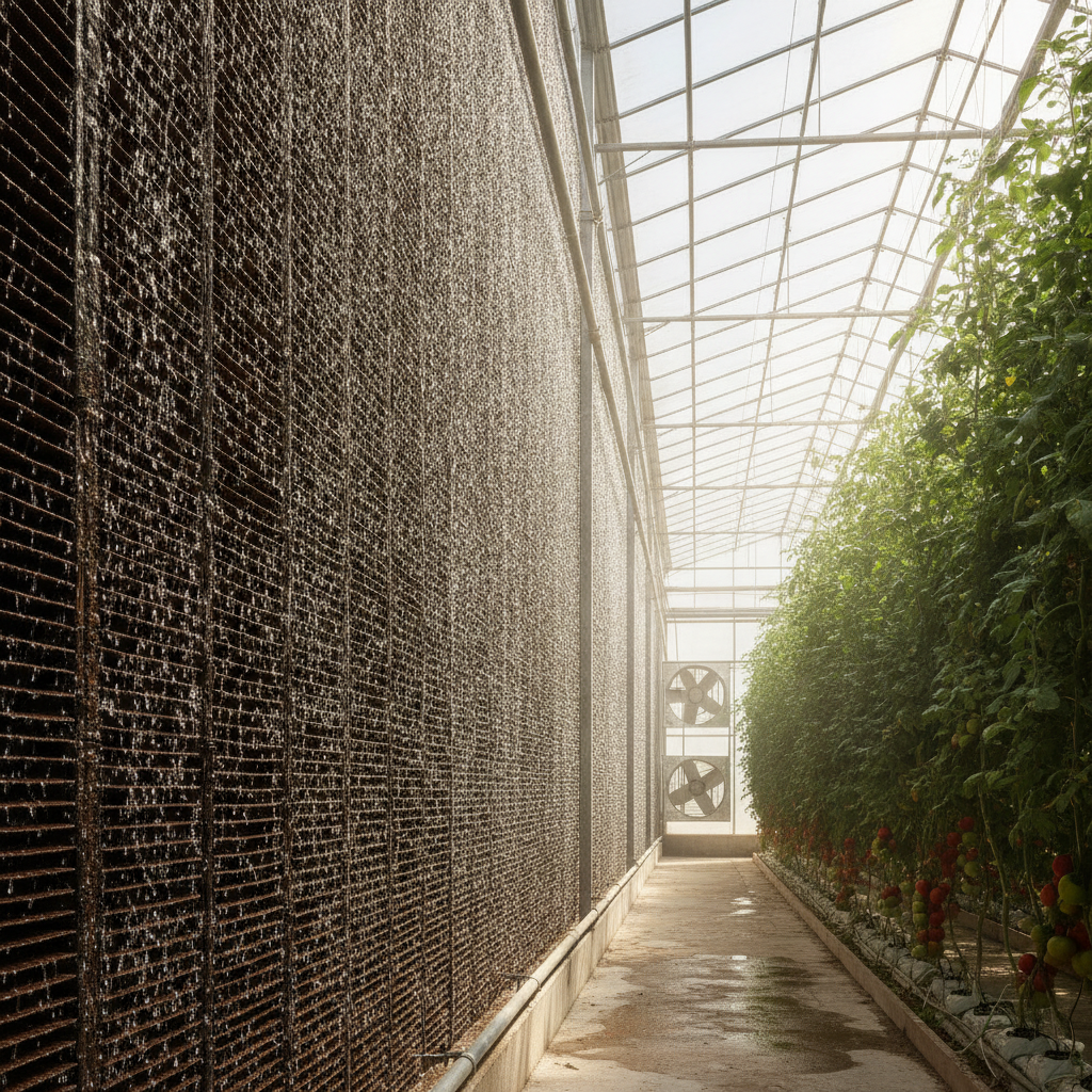 A wet-wall evaporative cooling system in a modern greenhouse, highlighting the challenges of operating in the humid climate of the UAE.