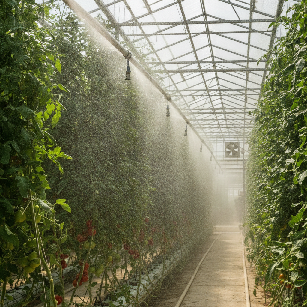 Interior of a modern farm managing greenhouse overheating in the UAE with an active high-pressure fog cooling system amidst rows of crops.