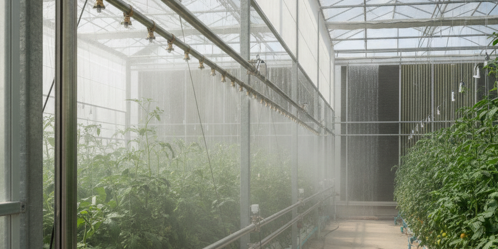 Hybrid Greenhouse Cooling in the UAE: A Grower’s Guide A modern greenhouse interior demonstrating a hybrid greenhouse cooling UAE system with fogging misters and a pad wall.