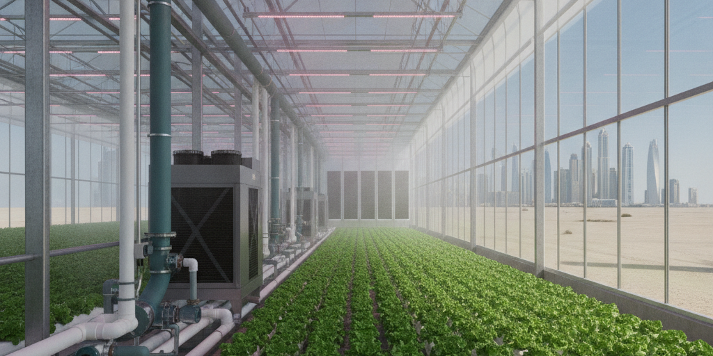 BAE için Anahtar Teslim Sera Soğutma Projeleri | Green Climate BAE'de anahtar teslim sera soğutma (turnkey greenhouse cooling UAE) sistemi ile donatılmış modern bir sera.