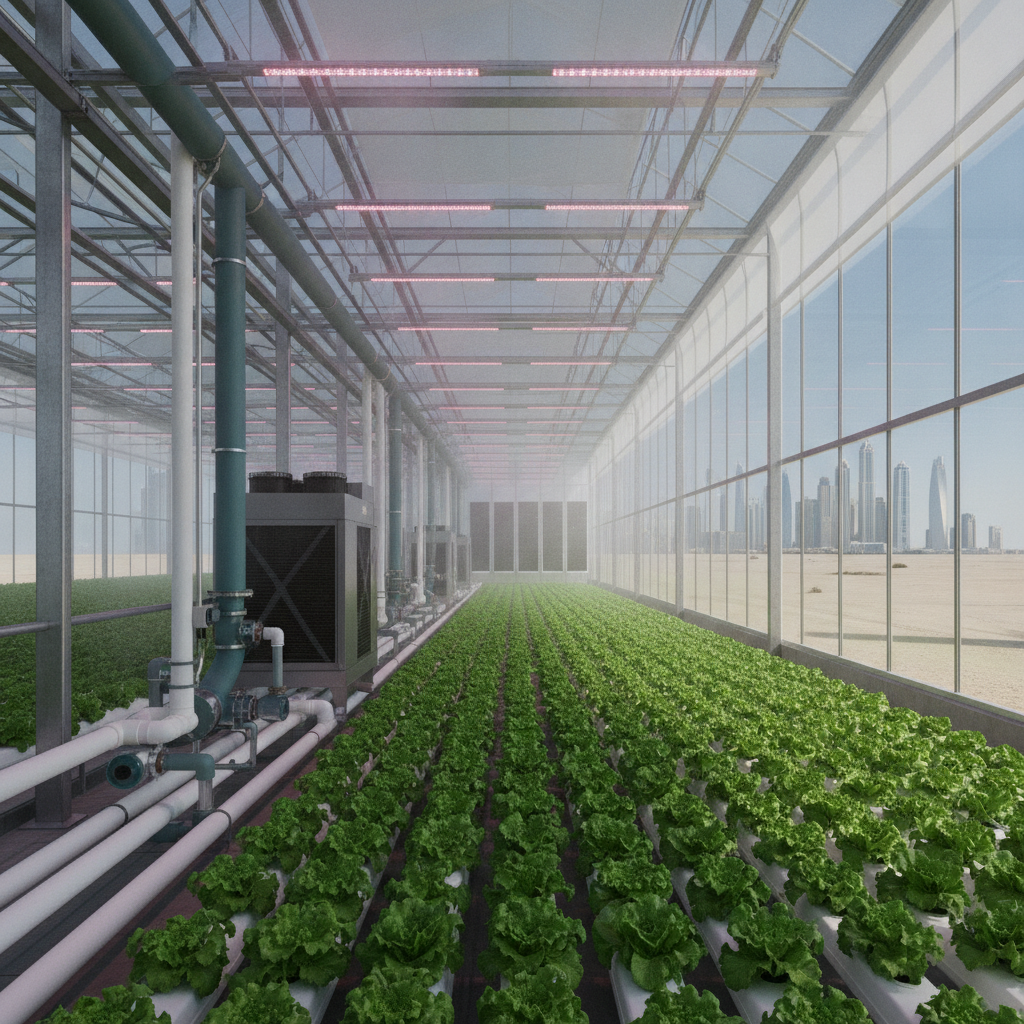 BAE'de anahtar teslim sera soğutma (turnkey greenhouse cooling UAE) sistemi ile donatılmış modern bir sera.