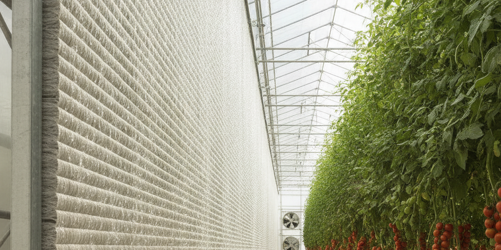 A view inside a modern greenhouse showing the effective use of wet bulb temperature greenhouse cooling with a wet pad wall system.