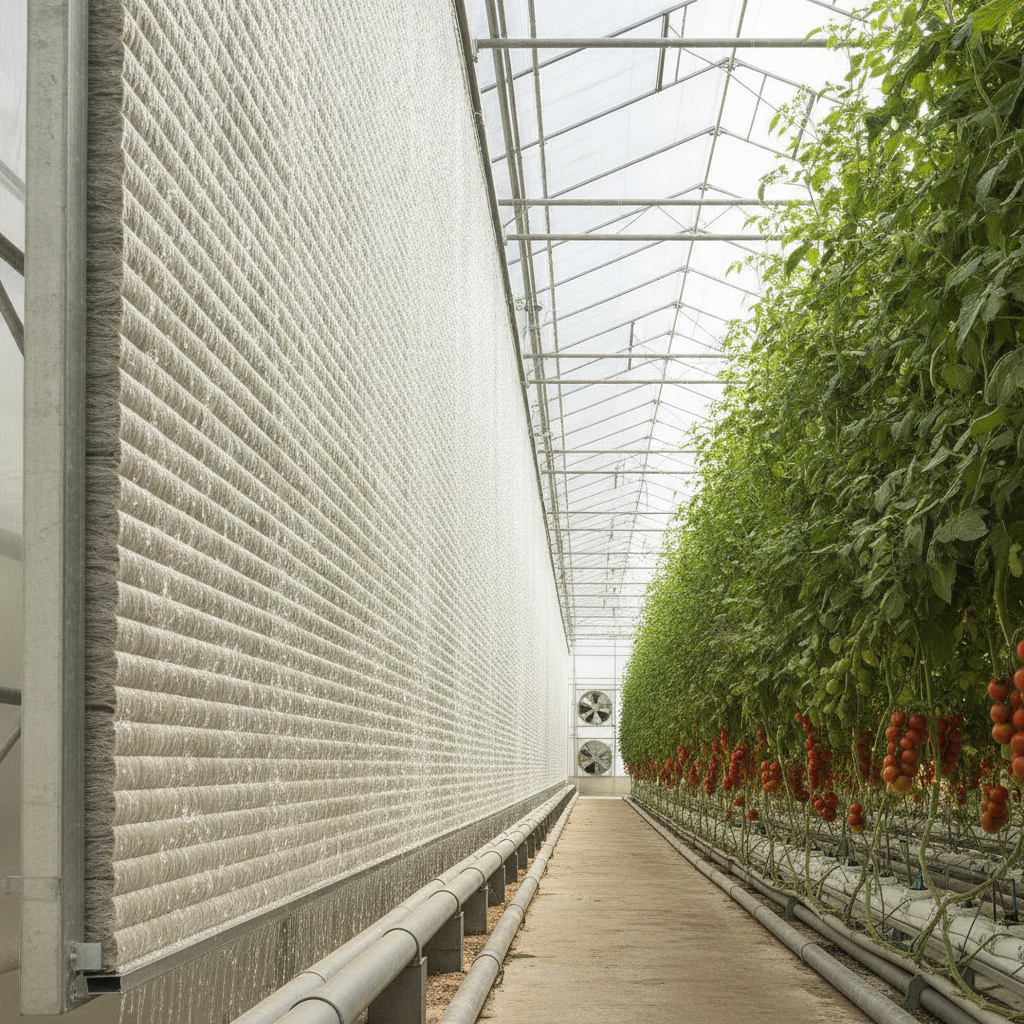 A view inside a modern greenhouse showing the effective use of wet bulb temperature greenhouse cooling with a wet pad wall system.