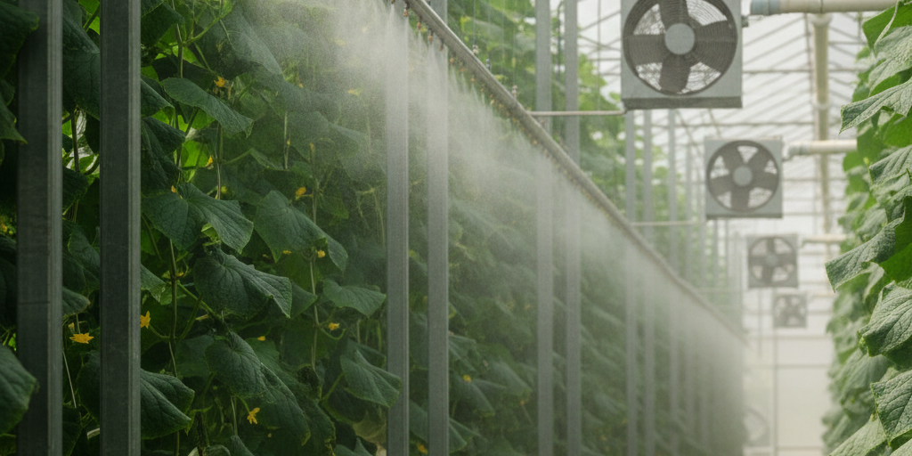 Cucumber Greenhouse Cooling in the UAE: An Engineering Guide A high-pressure fogging system in action, demonstrating effective cucumber greenhouse cooling in the UAE with fine mist among rows of plants.