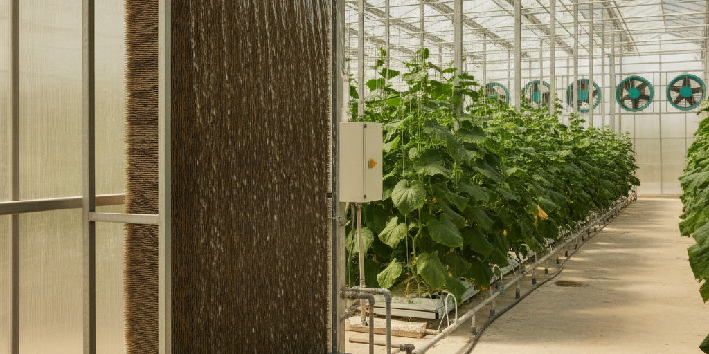 Why Evaporative Cooling Fails in a Humid UAE Climate A wet-wall pad system demonstrating the principles of evaporative cooling in a modern greenhouse designed for the humid climate of the UAE.