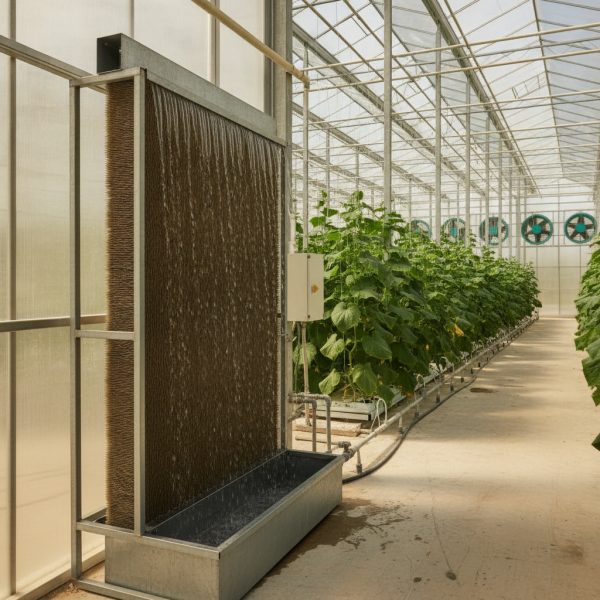 A wet-wall pad system demonstrating the principles of evaporative cooling in a modern greenhouse designed for the humid climate of the UAE.