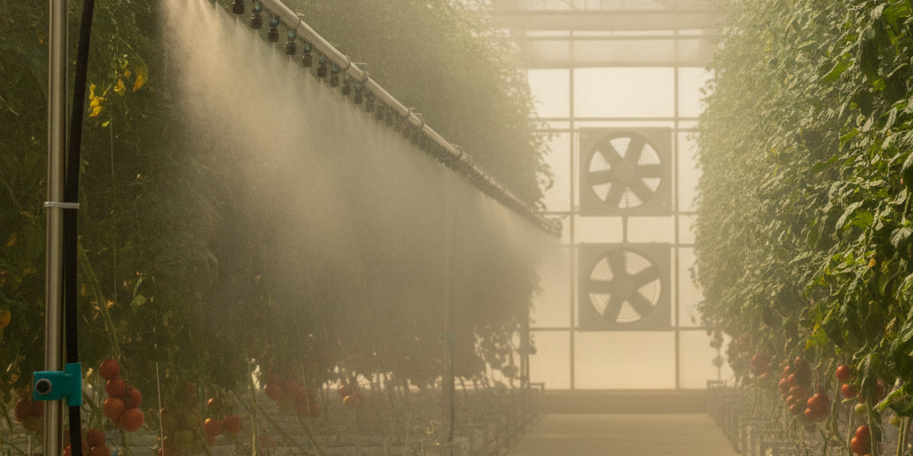 Greenhouse Cooling Load Calculation in the UAE: A Guide A view inside a modern UAE greenhouse showing the results of a precise greenhouse cooling load calculation, with a high-pressure fog system creating a fine mist.