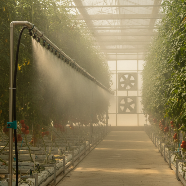 A view inside a modern UAE greenhouse showing the results of a precise greenhouse cooling load calculation, with a high-pressure fog system creating a fine mist.