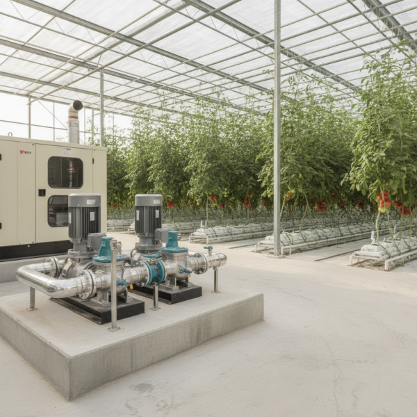 A well-organized pump station illustrating greenhouse cooling redundancy in the UAE, with duplicate pumps and a backup generator visible.
