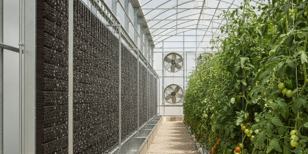 Choosing a Greenhouse Cooling Supplier in the UAE: A Guide A modern pad-and-fan system from a professional greenhouse cooling supplier in the UAE, showing wet pads and exhaust fans.