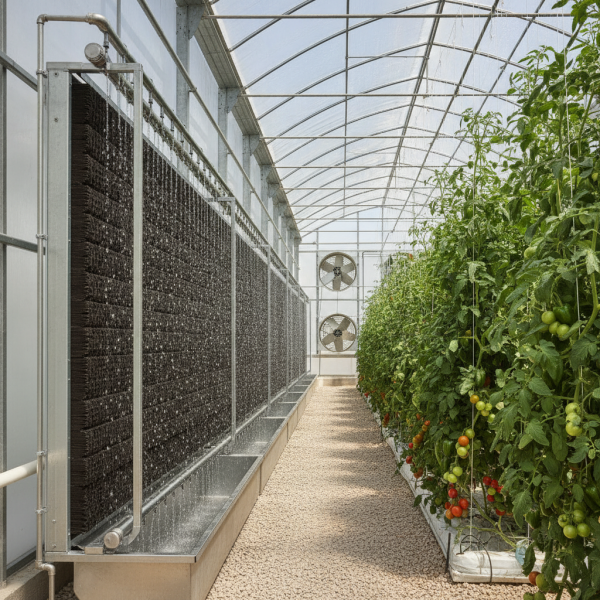 A modern pad-and-fan system from a professional greenhouse cooling supplier in the UAE, showing wet pads and exhaust fans.