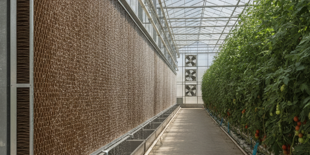 Greenhouse Cooling System Cost in UAE: 2026 Buyer’s Guide A view of the factors influencing the greenhouse cooling system cost in the UAE in 2026, showing an operational pad and fan system in a commercial tomato greenhouse.