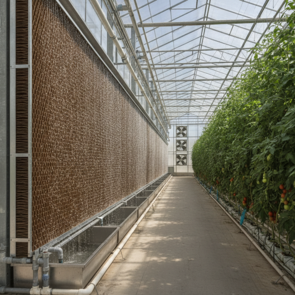 A view of the factors influencing the greenhouse cooling system cost in the UAE in 2026, showing an operational pad and fan system in a commercial tomato greenhouse.