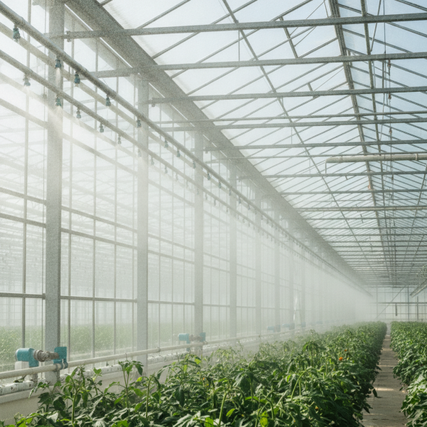 A high-pressure fogging line releasing a fine mist as part of the greenhouse cooling systems GCC growers use to protect crops in the UAE.