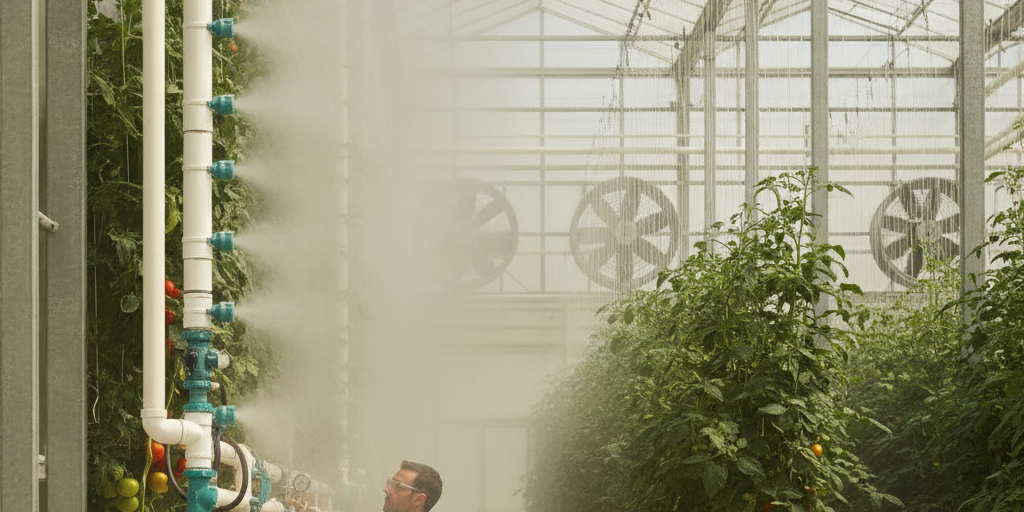 Greenhouse Cooling Systems UAE: Coastal vs. Inland Design A high-pressure fogging system operating inside a modern farm, an example of advanced greenhouse cooling systems in the UAE for managing high temperatures.