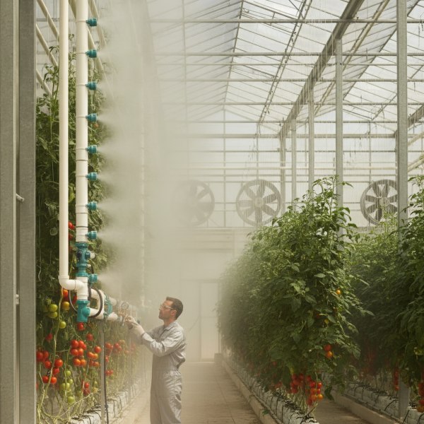 A high-pressure fogging system operating inside a modern farm, an example of advanced greenhouse cooling systems in the UAE for managing high temperatures.