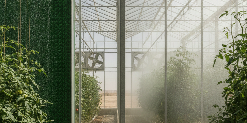 Pad and Fan vs Fogging in the UAE: Which System is Best? A comparison of pad and fan vs fogging systems inside a modern UAE greenhouse, showing the wet pad wall and the fine mist from fogging nozzles.