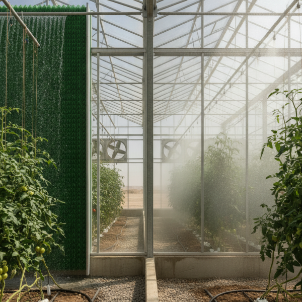 A comparison of pad and fan vs fogging systems inside a modern UAE greenhouse, showing the wet pad wall and the fine mist from fogging nozzles.