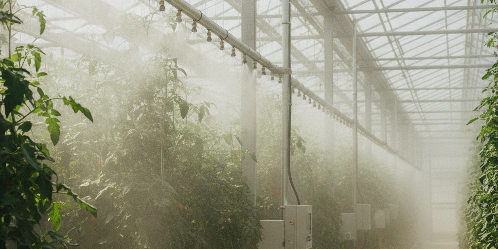 Tomato Greenhouse Cooling in the UAE: System Selection Guide A high-pressure fogging system providing effective tomato greenhouse cooling in the UAE, with fine mist over lush tomato crops.