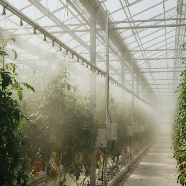 A high-pressure fogging system providing effective tomato greenhouse cooling in the UAE, with fine mist over lush tomato crops.