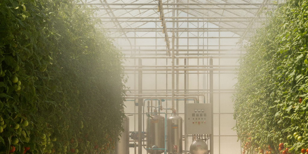 Turnkey Greenhouse Cooling UAE: A Guide to Project Delivery A high-pressure fogging system in action, part of a turnkey greenhouse cooling UAE project to manage heat and humidity for crops.