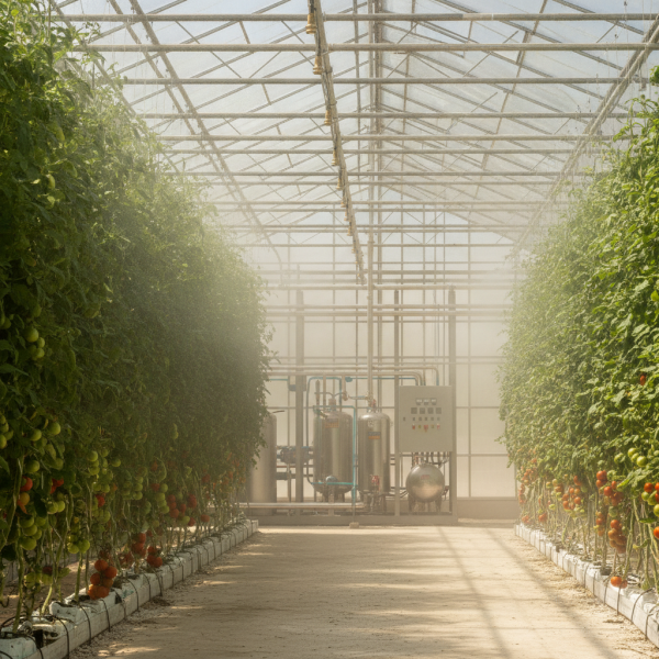 A high-pressure fogging system in action, part of a turnkey greenhouse cooling UAE project to manage heat and humidity for crops.