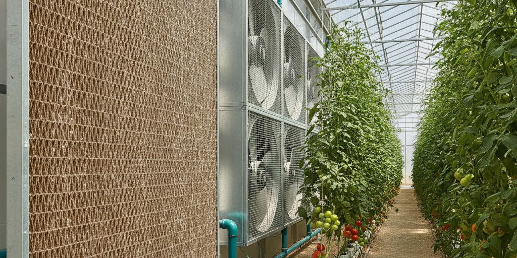 Wet-Bulb Temperature & Greenhouse Cooling Limits in the UAE A wet-wall evaporative cooling pad system in operation, demonstrating the role of wet bulb temperature in modern greenhouse cooling in the UAE.